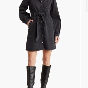 Black Denim Button-Up Belted Dress